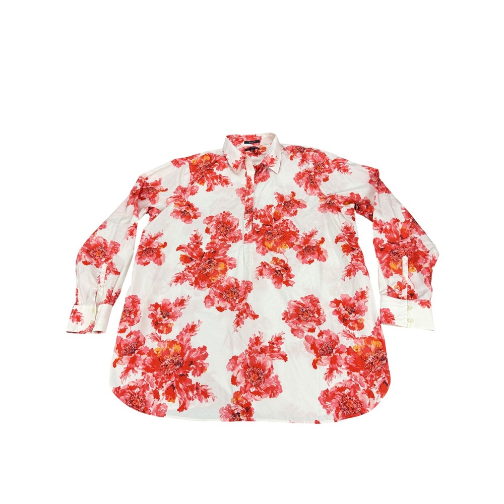 Lands End Womens 18T Red Floral No Iron Supima Cotton Long Sleeve Tunic Top